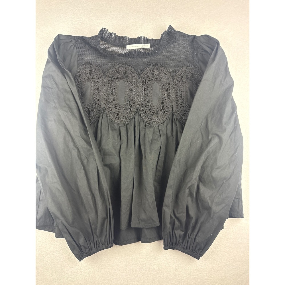 Altar'd State Black Lace Crochet Mesh Mock Neck Blouse TYDW7464 Womens Large